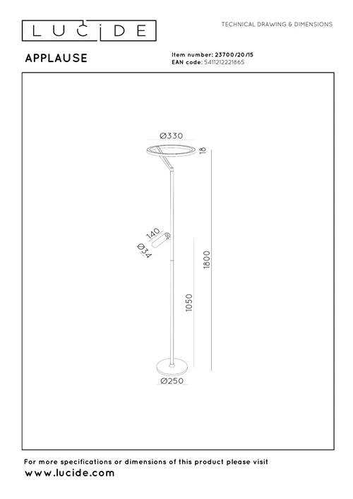 Lucide APPLAUSE - Floor lamp - Ø 33 cm - LED Dim. - CCT - 2700K/4000K - Grey iron | Premium - technical